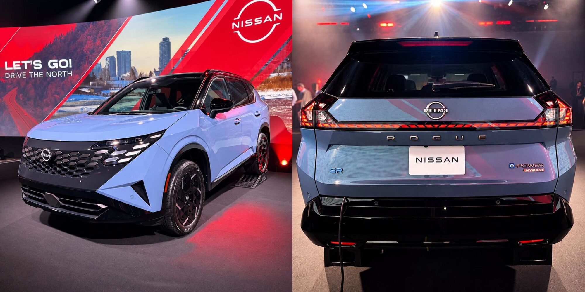 Dévoilement du Nissan Rogue e-POWER 2027 sur scène, vue avant et arrière avec câble de recharge